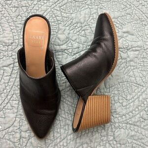 Kaari Blue Black Mules with Tan Heel